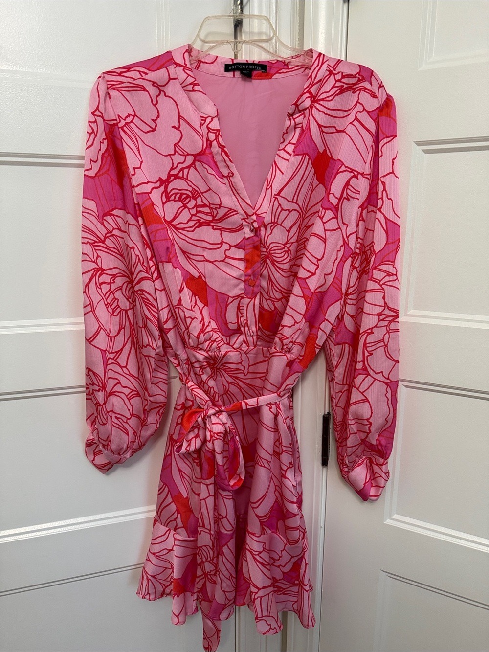 Boston Proper Pink & Red Floral V-Neck Tie-Waist Mini Dress